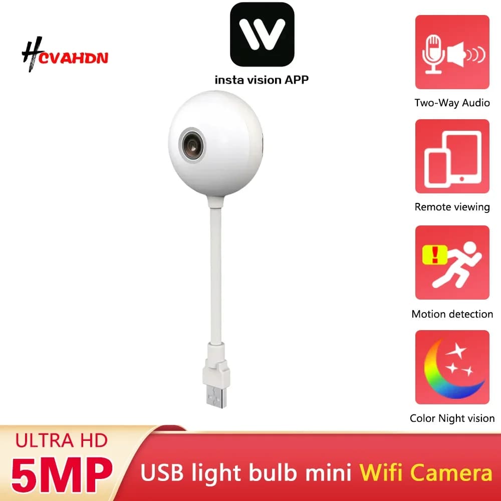 5MP Mini Indoor Wireless WiFi USB Lampadina Telecamera Rilevazione movimento Audio bidirezionale P2P Efficace telecamera di sicurezza per il monitoraggio del bambino