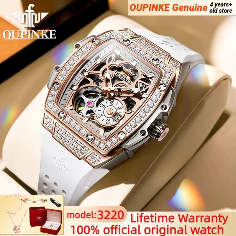 OUPINKE 3220 Orologio da donna di marca di lusso quadrante tonneau completamente scava fuori orologi meccanici automatici da donna alla moda con diamanti