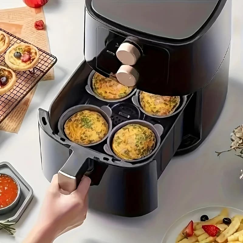 Anti-stick round molds for 6/12 pcs muffins and tarts, black silicone cooking molds for air fryer with grooved texture design for cakes