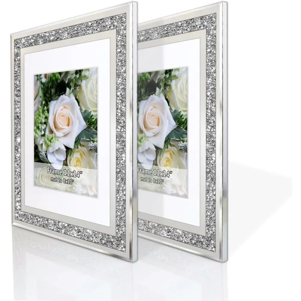 Photo frame with mirror for wedding with crushed diamond, silver crystal glass frame for photo, 2 pieces package with wall frame