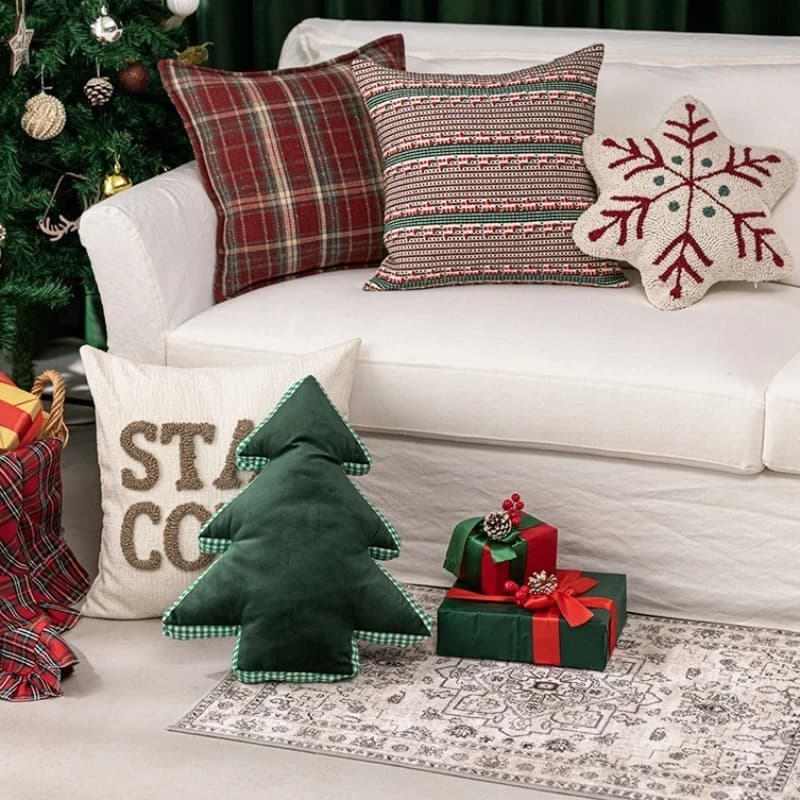 Christmas Cushion Cover Modern Novelty Shape Santa Embroidery Plush Pillow Case for Holiday Home Decor Sofa Decorations Gift