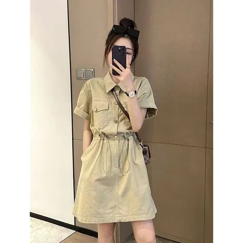 plus Size 300 Pounds Korean Style Casual Workwear Short Sleeve Dress Women Summer Waist Cinching Rope A-Line Midi Skirt