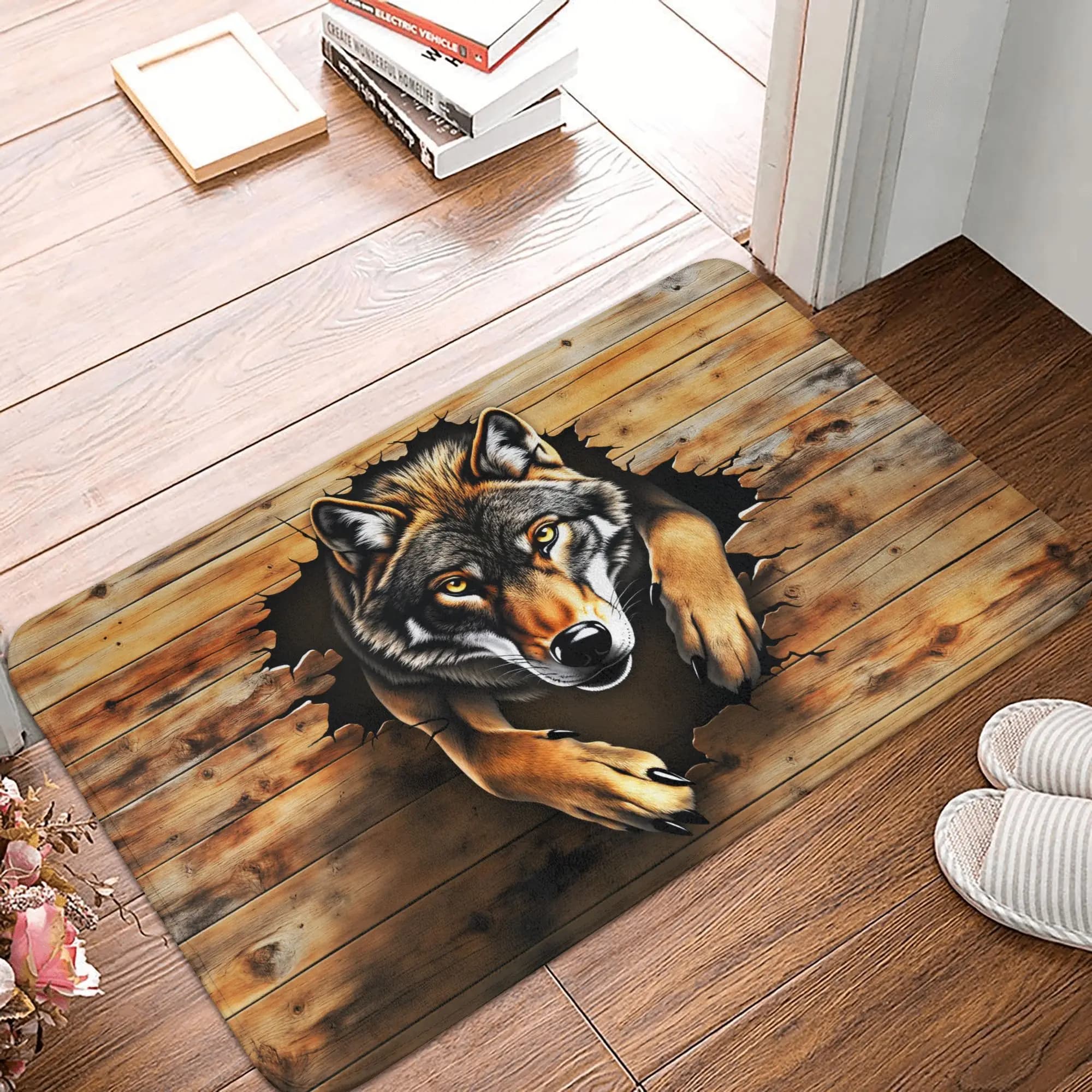 Realistic 3D wolf who peeks out of tears Zerbino anti-slip bath Kitchen Zerbino Living Floor door Entrance carpet