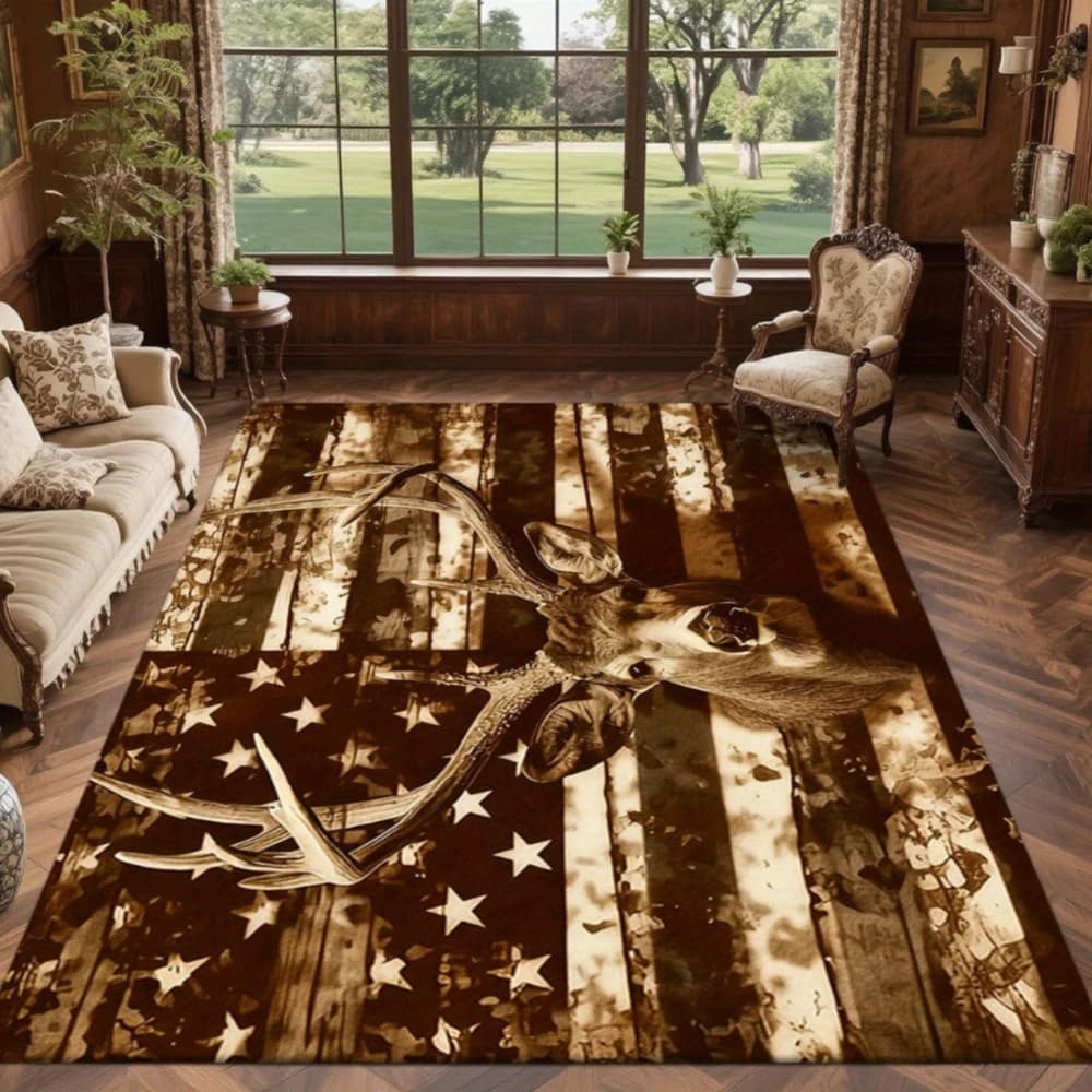 American Flag Deer Antler Pattern Area Rugs. Velour Mat Area Rugs Products Rug Under Bed Washable Rugs Outdoor Carpet Home Decor Machine Washable Large Rugs Durable Decoration Anti Slip Floor Mat Rugs for Living Room Velvet Fabric Has A Soft Light