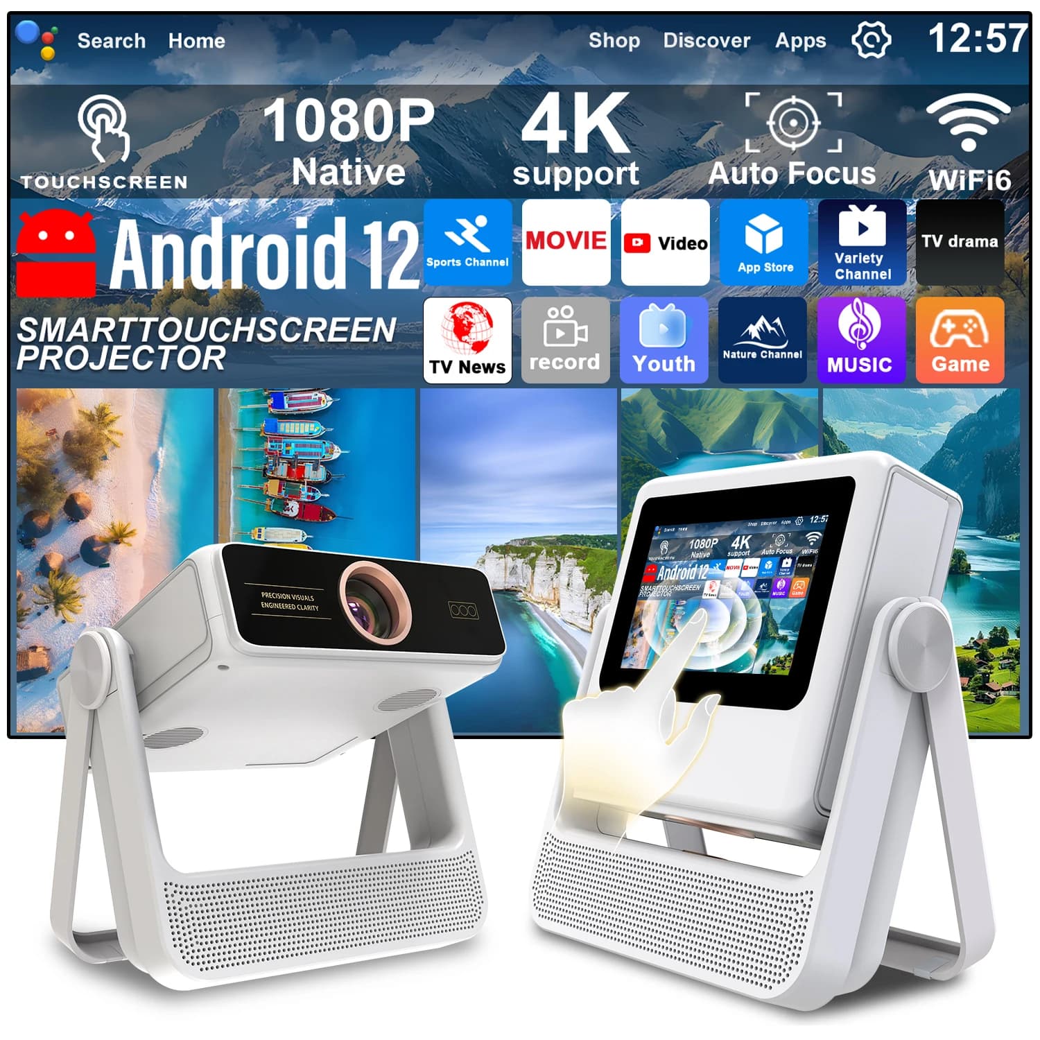 7" Touch Screen Projector 1080P 4K Android 12 Auto Focus 180° Rotation Ceiling View HDMI USB BT WiFi Portable