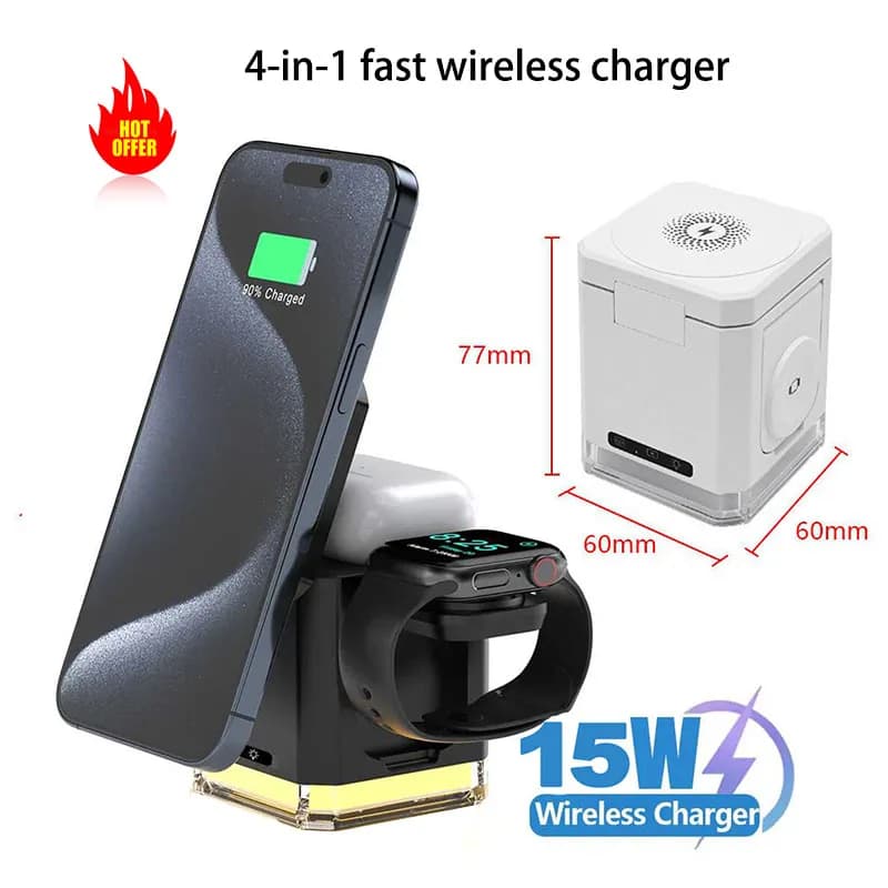 Stazione di ricarica wireless magnetica 15W 4in1 per iPhone 15 14 13 Samsung per Apple Watch Ricarica magnetica con lampada notturna