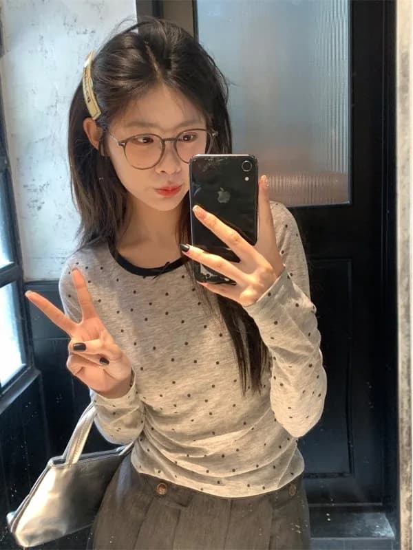 T-shirt slim fit a maniche lunghe con scollo rotondo, nuova collezione estiva da donna, casual, a pois, color block, top versatile in stile coreano