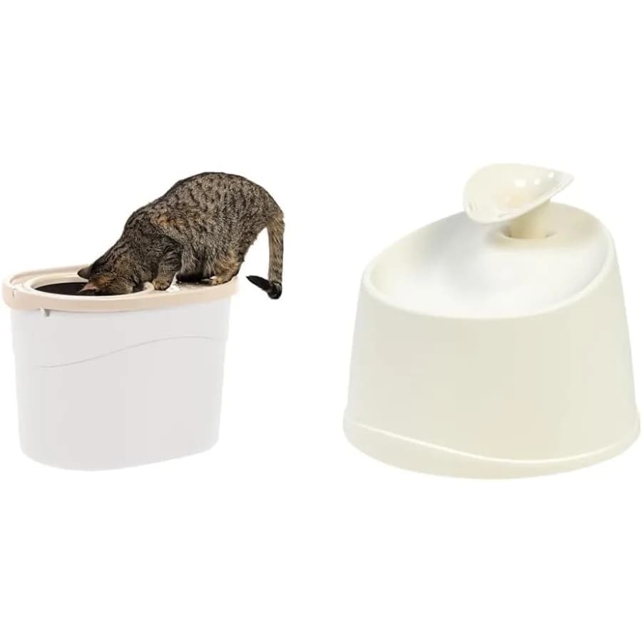Lettiera per gatti USA di grandi dimensioni con ingresso superiore, coperchio e paletta + Fontanella automatica per animali domestici da 44oz con doppia opzione di flusso e funzionamento silenzioso