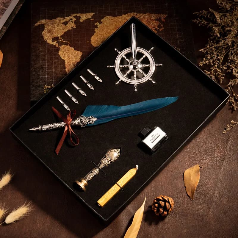 Antique Feather Quill Set - British Calligraphy Dip Pen with Inkwell & Sealing Wax, Vintage Writing Collection