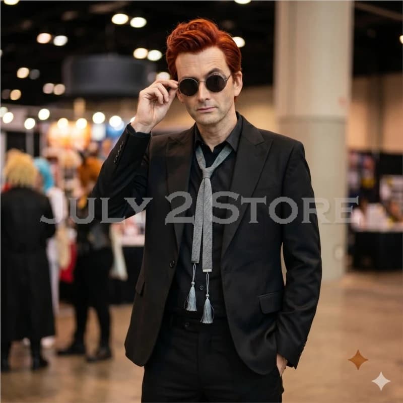 Anime Cosplay Costumes Good Crowley Cosplay Suit Omens Demon + Wig + Glasses + Cape, Men's Halloween Fallen Angel Roleplay Set