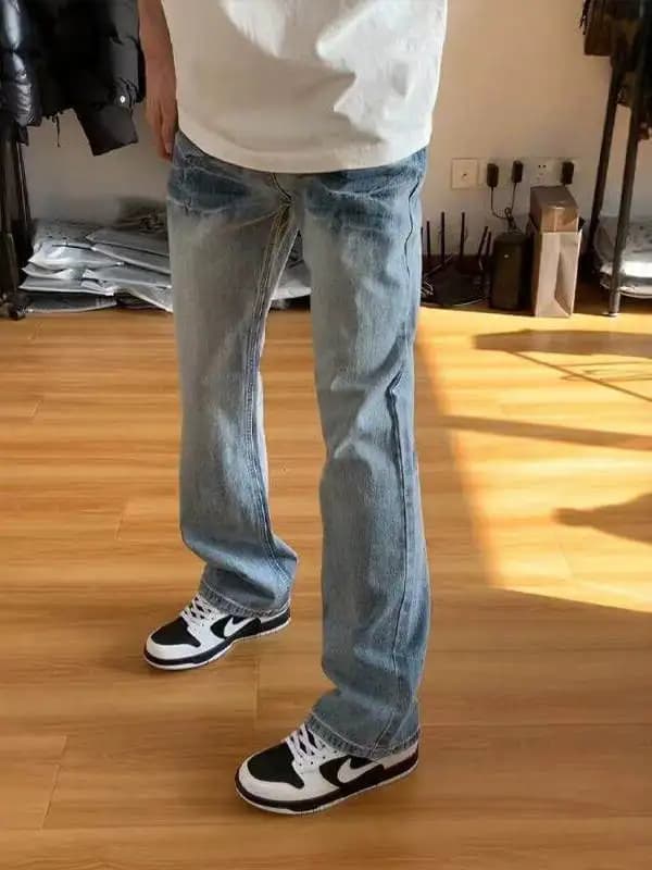 Jeans Slim Fit with Blue Fulmini Pattern for Men, American Style High Street, Straight Leg with Light Waving, Casual Summer Pants