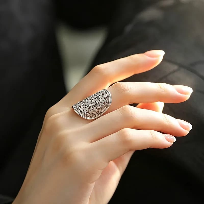 WJFH-ARTS Anello Aperto con Motivi Geometrici Traforati Placcato Argento 925 per Donne, Anelli Larghi di Lusso Raffinati, Gioielli all'Ingrosso