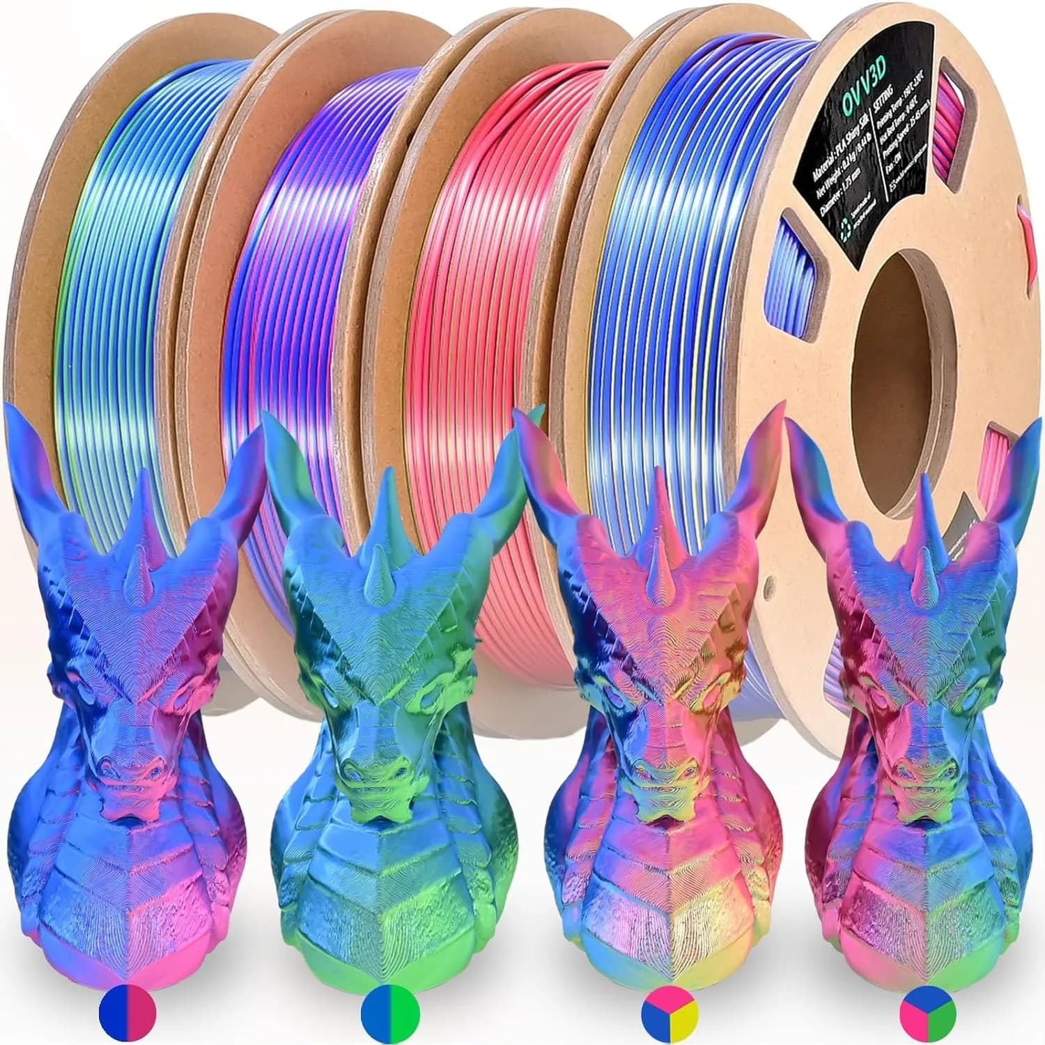 Confezione di Filamenti PLA 1.75mm +/-0.02mm, 4 Pezzi Bicolore e Tricolore Coestruso Effetto Seta, Filamento PLA Arcobaleno per Stampa 3D, 4