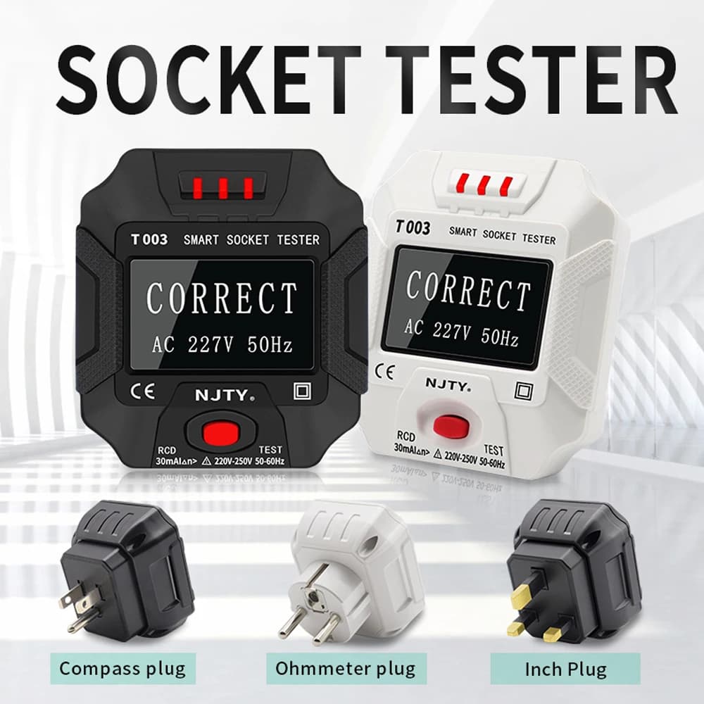 Tester per Prese Elettriche NJTY T003 con Display Digitale, Rilevatore di Tensione e Frequenza, Compatibile con Spine EU/US/UK, con Test RCD