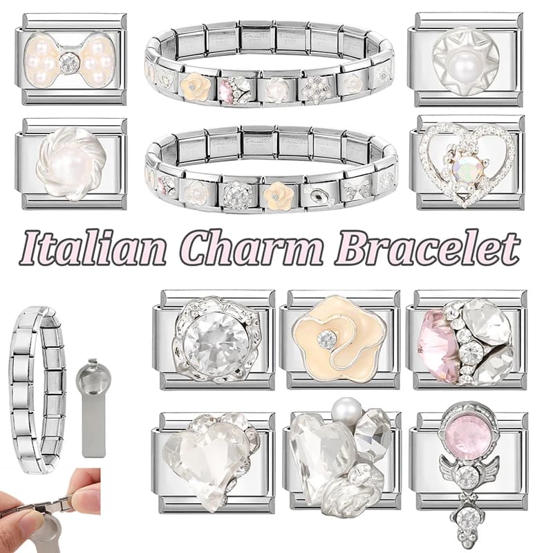 Collegamenti di ciondoli italiani con zirconi a forma di cuore di caramella, adatti per braccialetti da donna in acciaio inossidabile da 9 mm, fai da te, per realizzare gioielli all'ingrosso