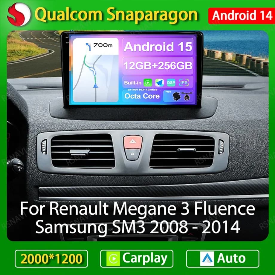 Android 14 Car Radio For Renault Megane 3 Fluence Samsung SM3 2008 - 2017 Viedo Player BT DSP Multimedia Wireless Carplay Auto