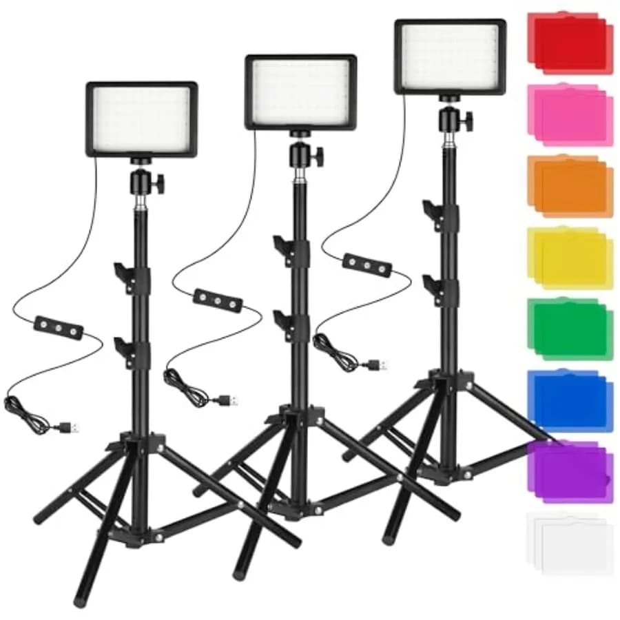 Set di 3 Luci LED per Foto e Video Dimmerabili 5600K, Luce Continua USB con Treppiedi e Filtri Colorati per Fotografia