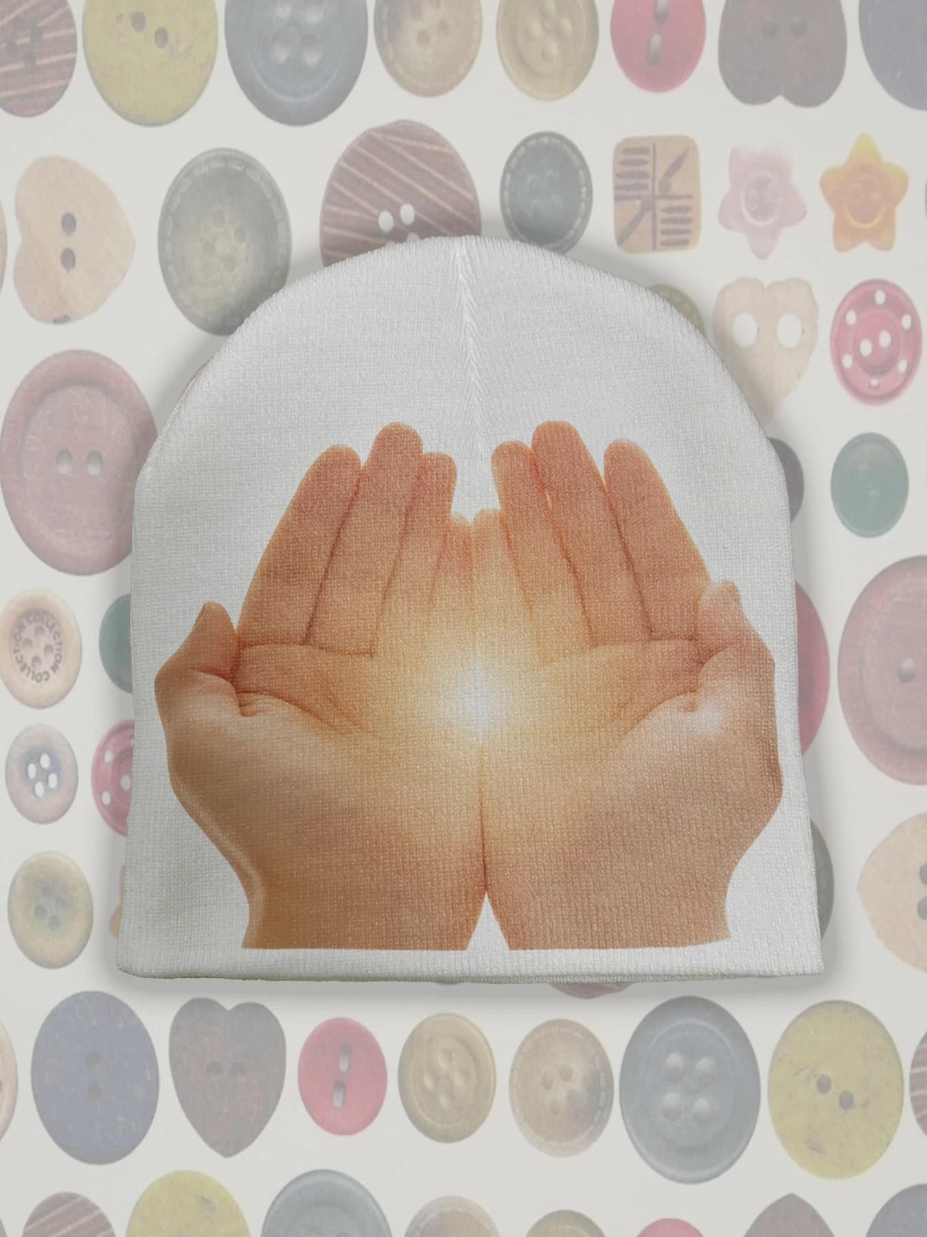 Berretto in Maglia con Stampa Mani che Tiene una Luce, da Donna, 2026, Bianco, Morbido, Caldo, Invernale, Streetwear