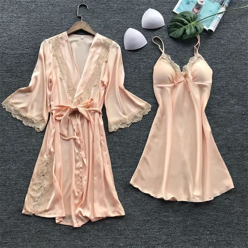 2PCS Women's Lace Pajamas Set Satin Home Pyjamamas Lace Dress Night Dress with V Neckline Wedding Dress Silk Dress Women's Night Dress