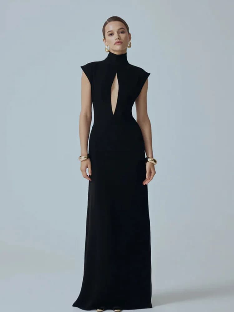Solid Sleeveless Artistic Hollow Out Sheer Turtleneck Long Dresses Elegant Slim Soft Slit Causal Gentle Dark Designed For Ladies