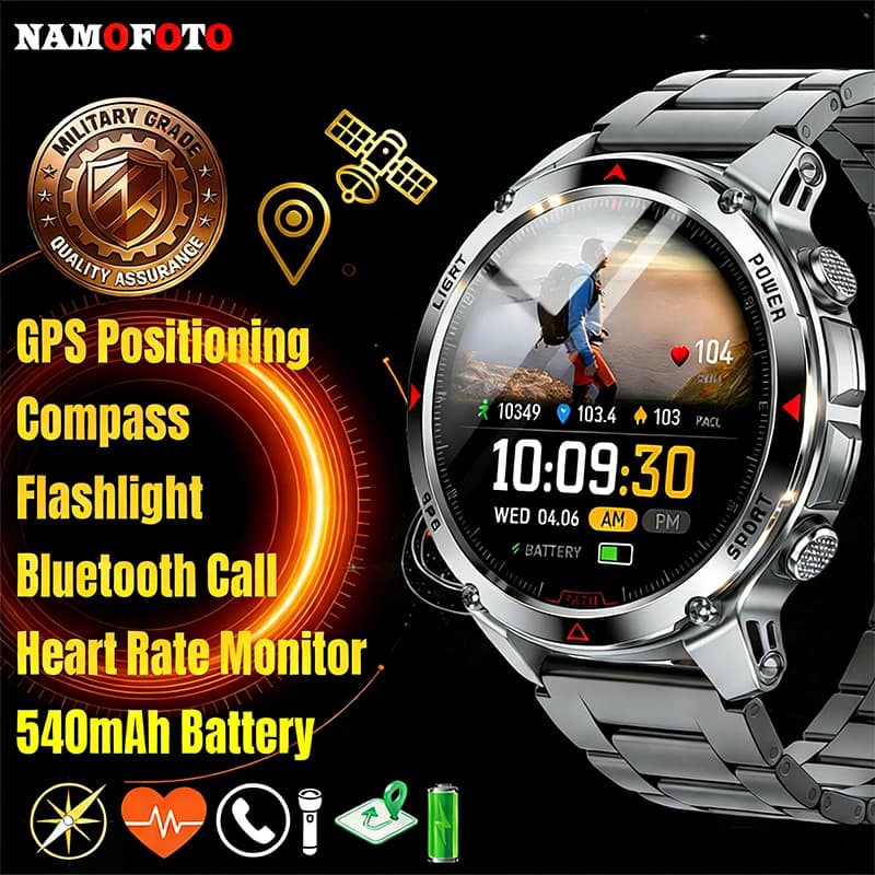 New GPS Compass Smart Watch Men Women Outdoor Sports Military-grade Wrist Call Watch 540mAh Strong LED Flashlight HR Smartwatch