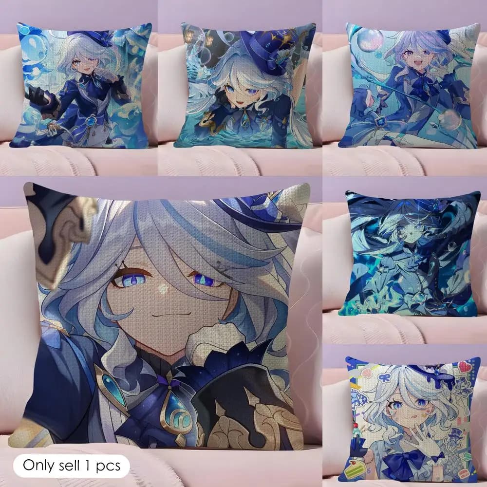 Game Genshin Impact Furina Cushion Cover Natural Linen Pillow Case Double-Sided Print Decorative Sofa Pillowcase Home Decor Gift