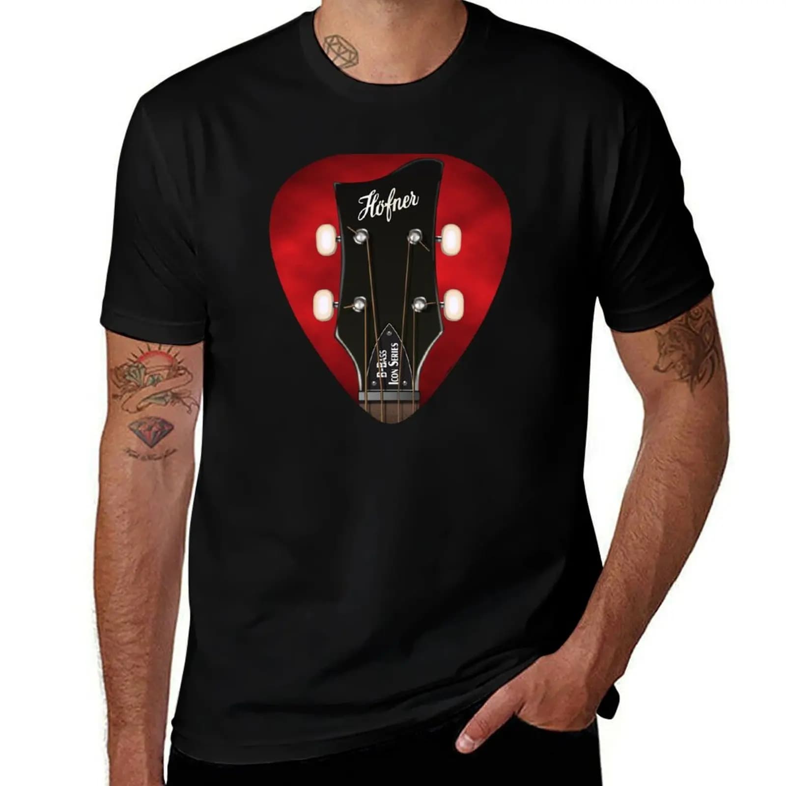 GUITAR HEADSTOCK PICK ART - HOFNER B-BASS T-Shirt Vintage Print Crew Neck Tee