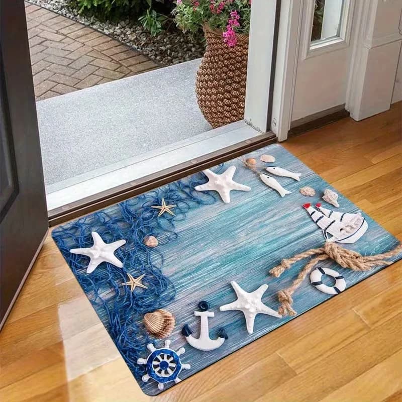 Tappeto d'ingresso a tema nautico da spiaggia, morbido e antiscivolo, con stampa di stelle marine, ancora e barca, per cucina, soggiorno, decorazione per la casa