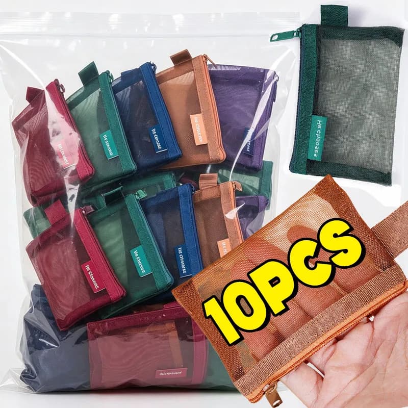 10 Pezzi Portamonete Quadrato in Tinta Unita, Borsa in Rete di Nylon per Rossetto, Chiavi, Auricolari, Organizzatore per Carte di Credito, ID, Biglietti, Custodia Contenitore