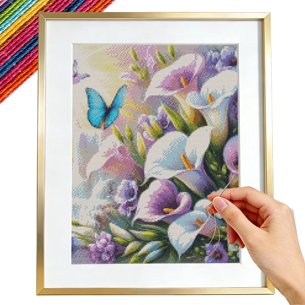 Embroidery Complete Kit Lily Flower Hand Sewing Adult Crafts Butterfly Printed Canvas Floral 11CT Decorative Paintings