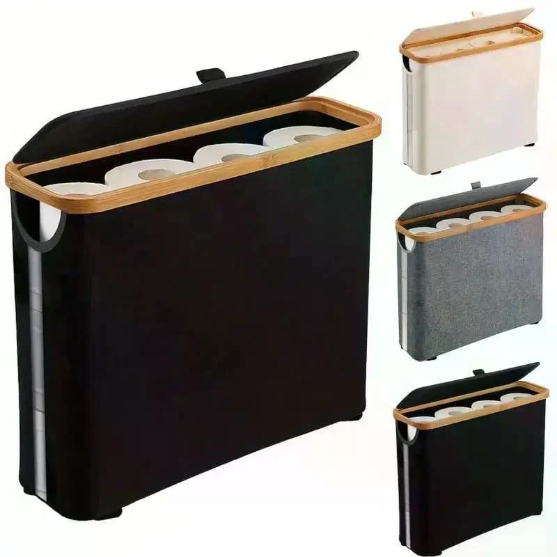 Bamboo Toilet Paper Holder With Lid - Self-Contained Bathroom Organizer With Handle, Enclosed Tissue Storage Box