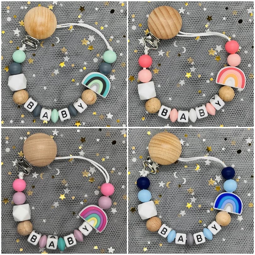 2024 Handmade Customized Name Beech Pacifier Clips Holder Chain Silicone Rainbow Pacifier Chain Baby Teether Teething Chain Gift
