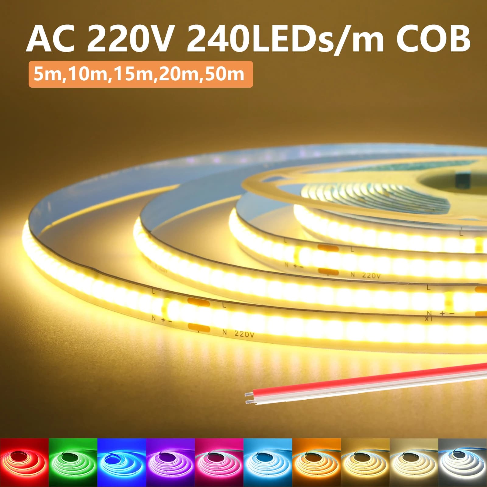 5M 10M 20M 50M COB LED Strip 220V 8mm Nastro adesivo PCB 240LED/m Illuminazione lineare ad alta densità Bianco Rosso Verde Ghiaccio Blu Viola
