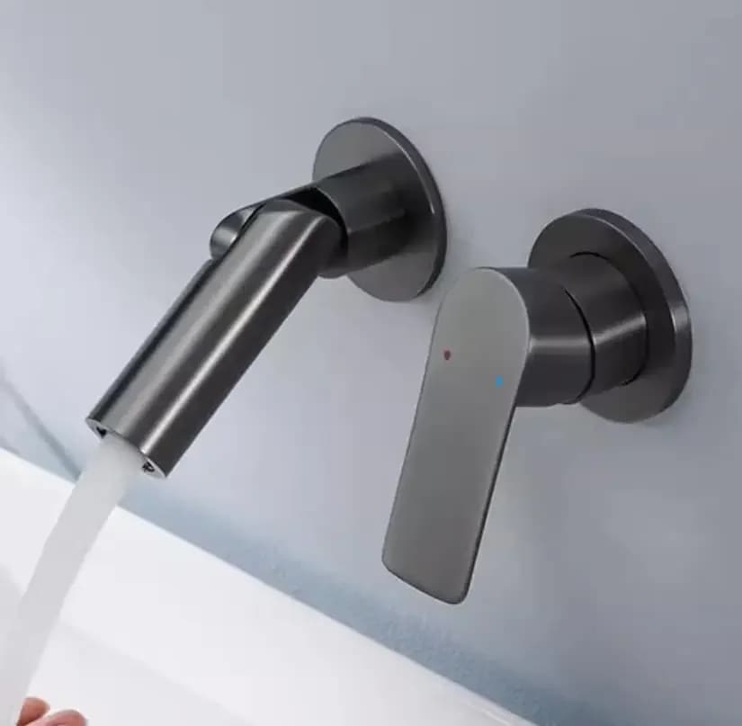 Foldable matt black wall tap for sink, hot and cold water mixer for bathroom, flush installation, basin faucet