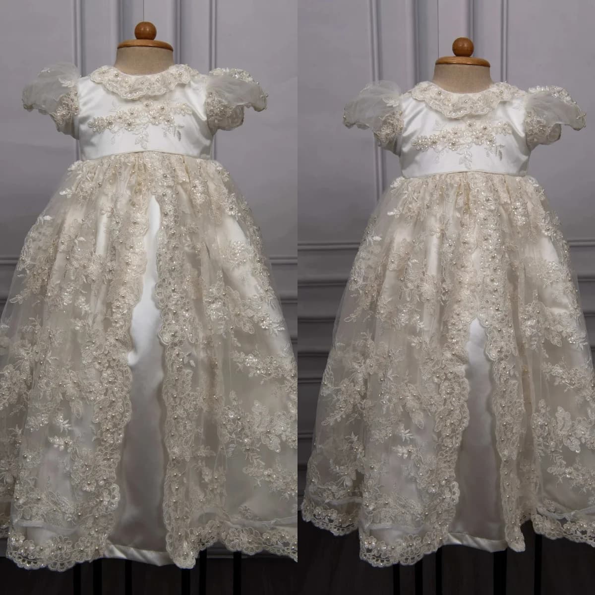 Abito da battesimo per neonata Abito da battesimo con maniche a sbuffo in pizzo con perline Abiti da ragazza di fiori da sposa personalizzati per neonati