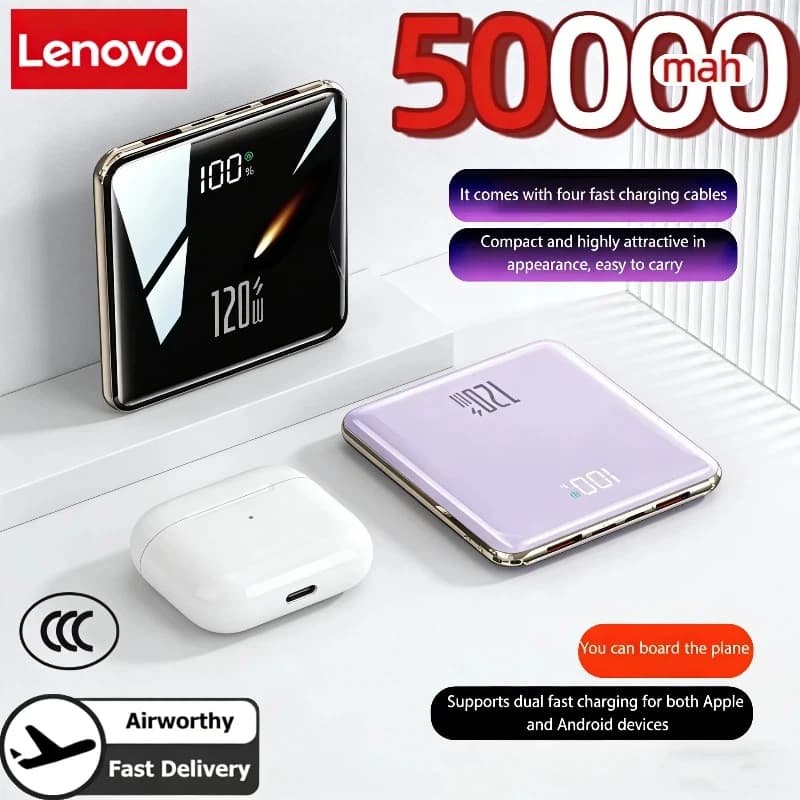 Lenovo 500000mAh Mini Power Bank Large Capacity Super Fast Charging External Battery Built-in 4 Cable For IPhone Samsung Xiaomi