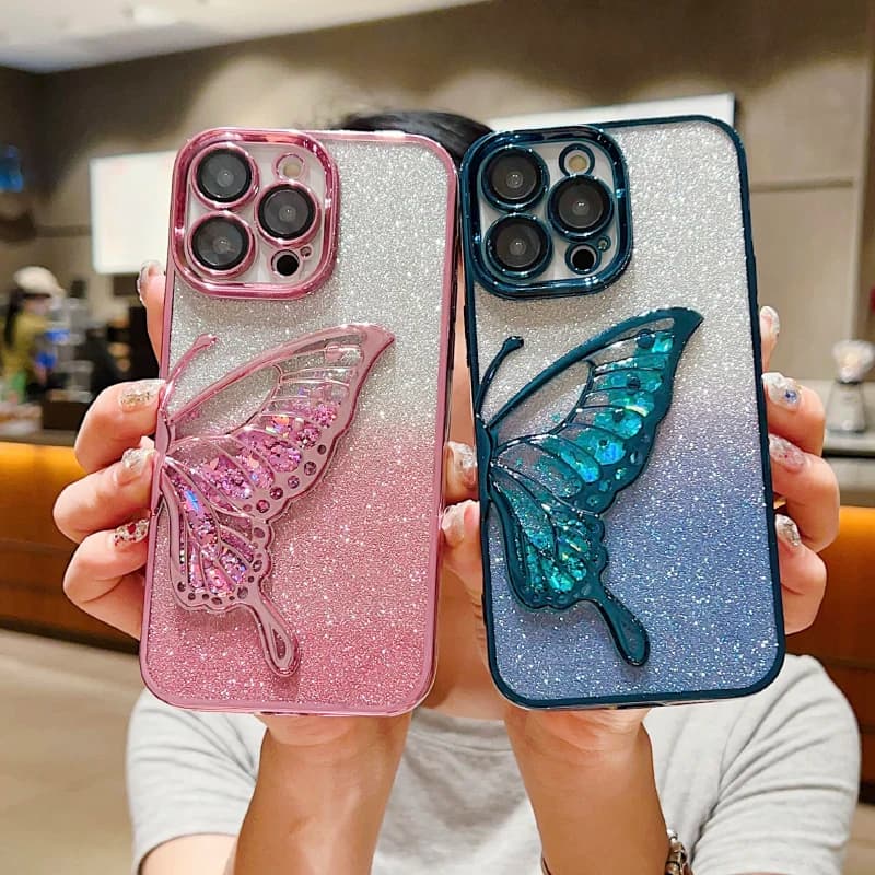 Custodia per telefono con farfalla glitterata con bordo placcato in tinta unita di lusso per iPhone 17 Pro Max Air 15 11 12 13 14 16 Pro Max Cover per paraurti