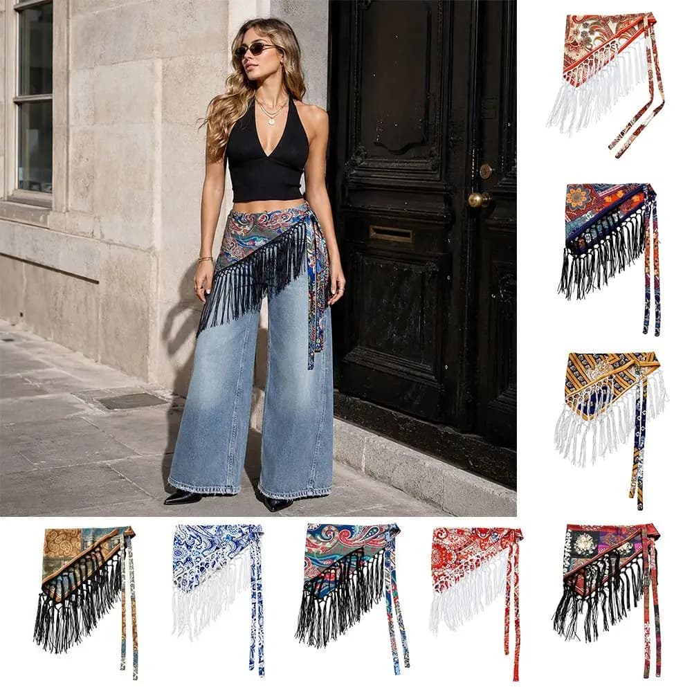 Fashion Tassels Fringe Waist Belt Exquisite Embroidery Dance Hip Scarf Ethnic Retro Floral Triangular Belt Dress Jeans Decor