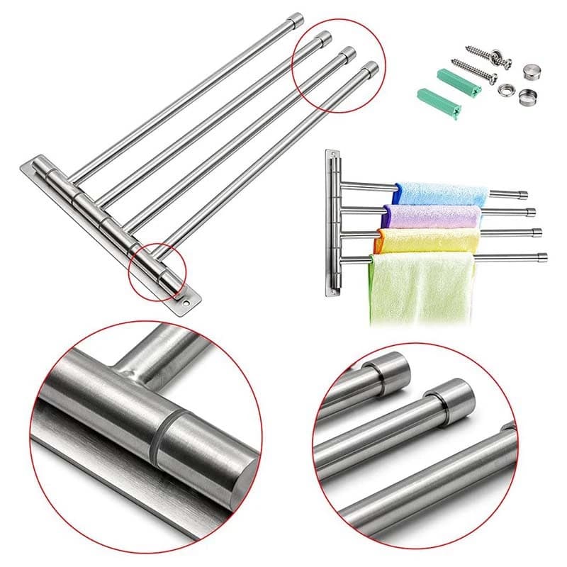 【A08I】Portasciugamani Girevole da Parete - Asta Portasciugamani in Acciaio Inox a 4 Sezioni, Supporto Girevole per Asciugamani da Bagno/Cucina