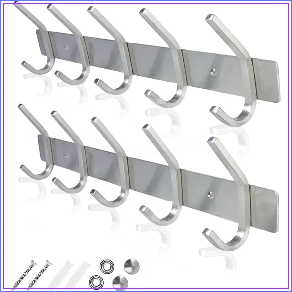 Stainless Steel Coat Rack Wall Mount - Heavy Duty Hooks for Hat, Towel, Robes, Jacket, Clothes - Bathroom, Entryway Hanger (2 Pack)