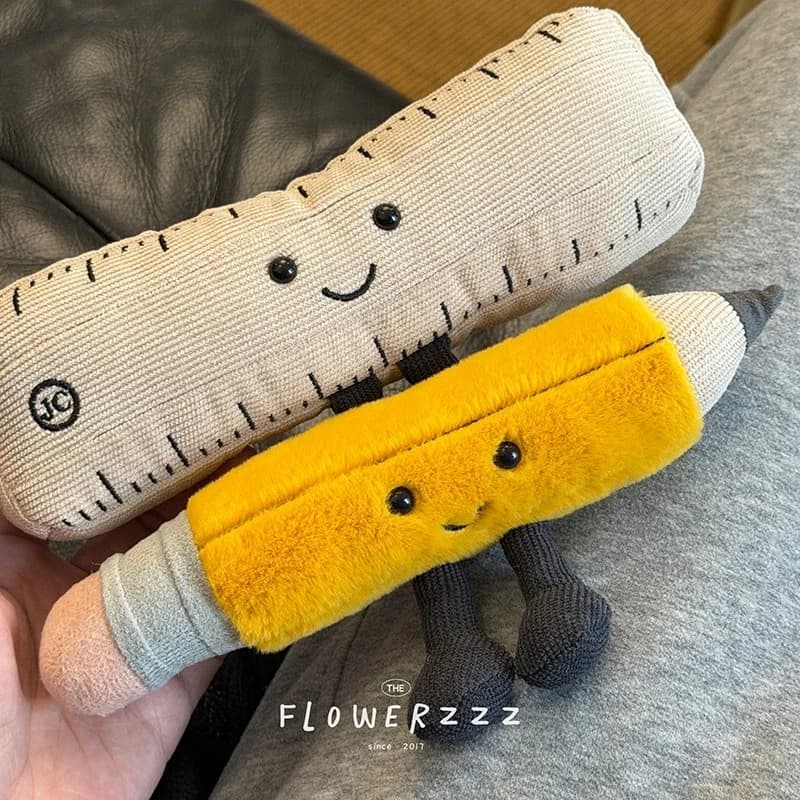 Soft Pencil Ruler Plush Toy Cute Stuffed Stationery Set with Smiley Face Tiny Legs Fun Desk Decor Huggable Plushies Gift