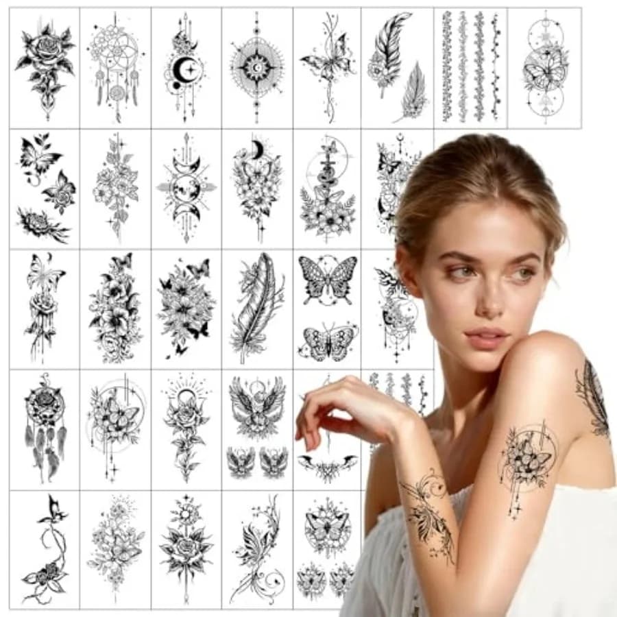 30 Sheets 3D Temporary Tattoos Stickers, Flowers Butterflies and Dreamcatchers Body Art Temporary Tattoos for Both Men and Wome