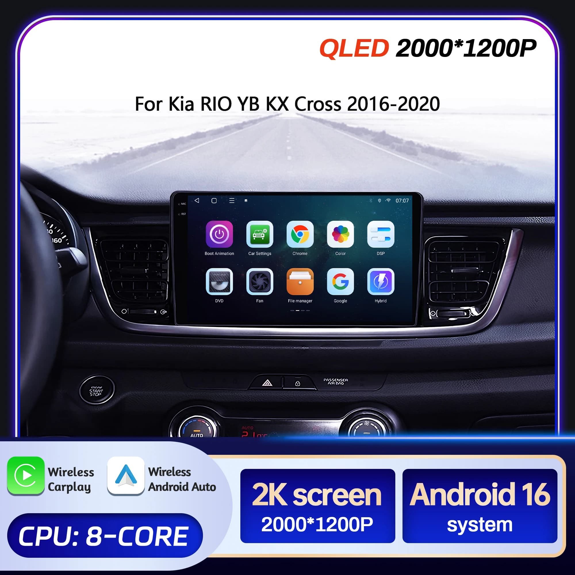 9" Car Radio For Kia RIO YB KX Cross 2016-2020 Android 16 Wireless BT Carplay Multimedia Navigation Touch 2K QLED Screen