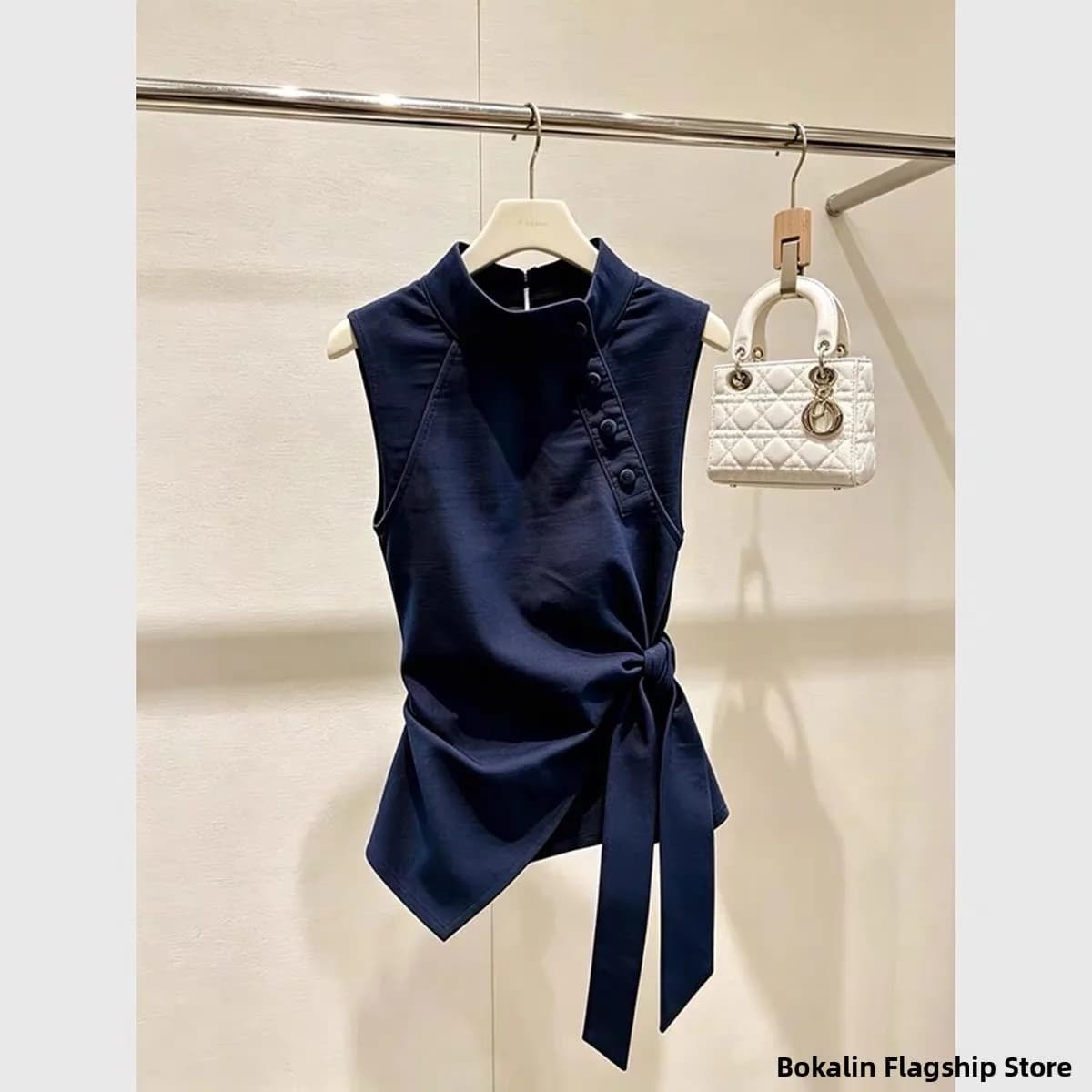 Elegant Gentle Unique Design Blue Belted Shirt Top Versatile Comfortable Skin-Friendly Breathable Short Sleeve Women's Blouse