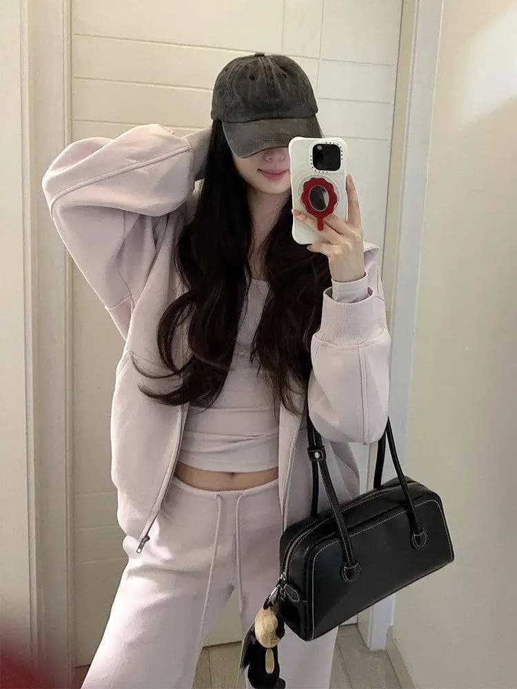 Laid-back Pink Set Women Loose Hoodie Fat MM Large Size Women's Fashionable Belted Casual Wide Leg Pants Trendy Spring Outfit