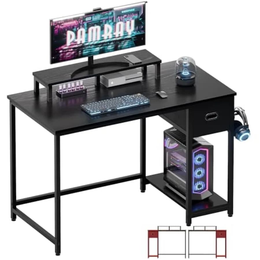 Scrivania per Computer da 39 Pollici con Supporto per Monitor, Piccola Scrivania da Ufficio Domestico con Cassetto Portaoggetti in Tessuto Non Tessuto per Camera da Letto e Studio