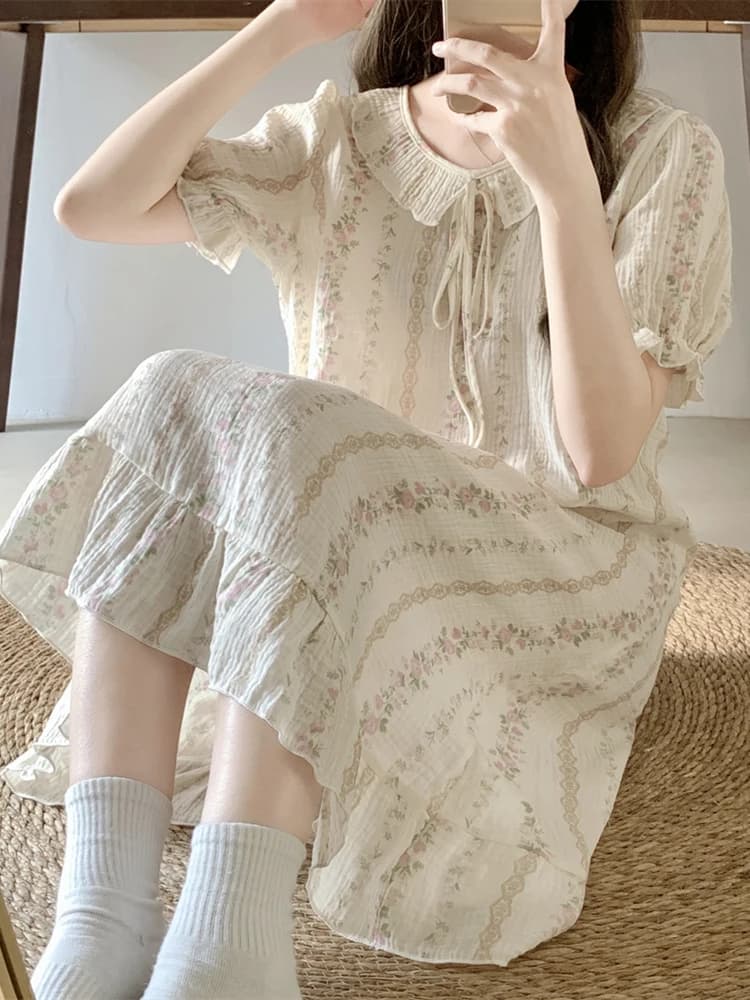 Sweet Floral Print ort Sve Sp Dr Women's 2024 New Summer Cute Student Doll Collar Nightgown Casual Home Wear