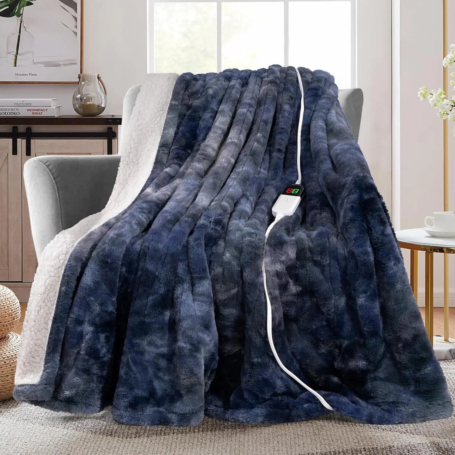 Coperta elettrica riscaldata con 8 livelli di riscaldamento, spegnimento automatico, protezione da surriscaldamento, blu lavabile