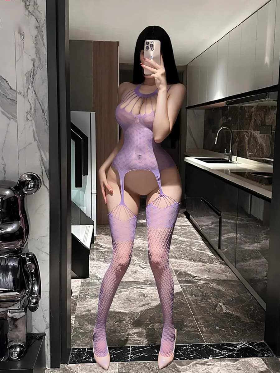Body trasparente in rete con scollo all'americana Puro desiderio Sexy rete da pesca in tinta unita senza schienale Body senza maniche a V profondo Casaul ZWYU