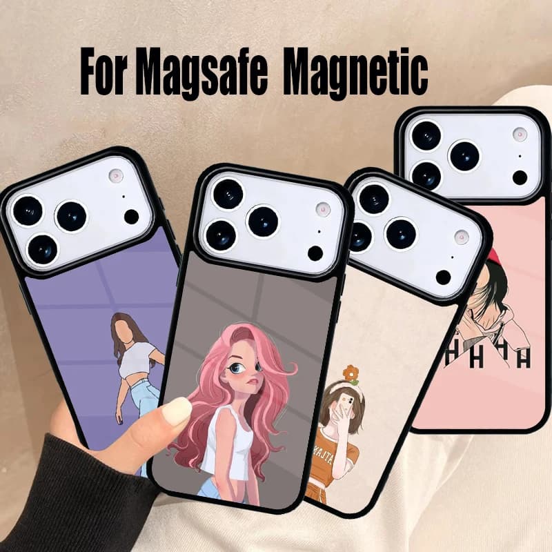 Cover per iPhone con Illustrazione Ragazza Cartoon, Compatibile con Magsafe Wireless Magnetic per iPhone 17 Air 16e 15 14 13 12 11 Pro Max Plus